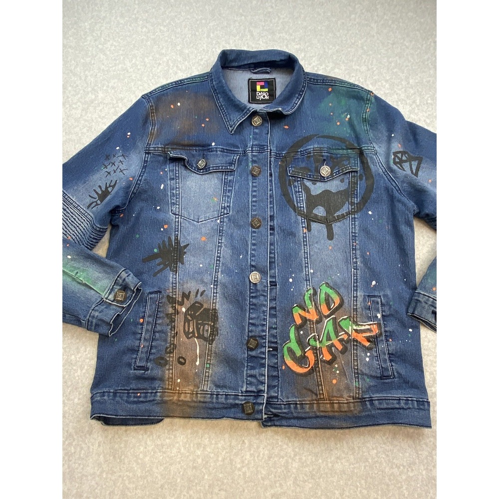 Demo Lition Jacket Mens XL Blue Denim Graffiti Biker NO CAP HUSTLE Art Street - Picture 2 of 16